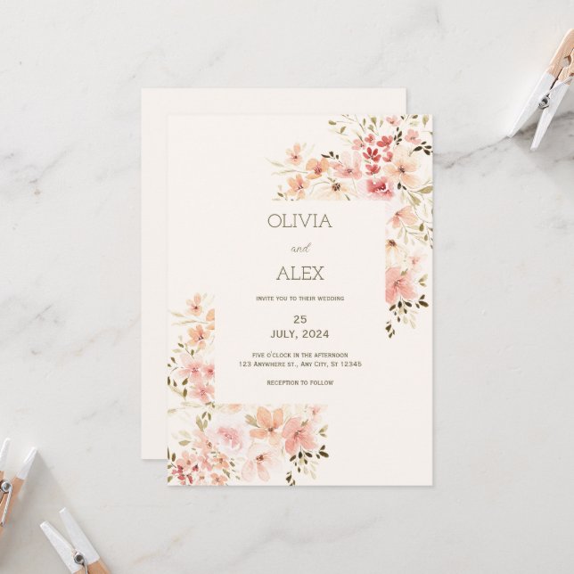 Invitation de mariage neutre floral élégant (Devant/Arrière en situation)