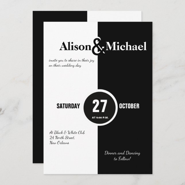 Invitation de mariage noir et blanc moderne (Devant / Derrière)