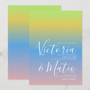 Invitation de mariage ombré jaune bleu rose