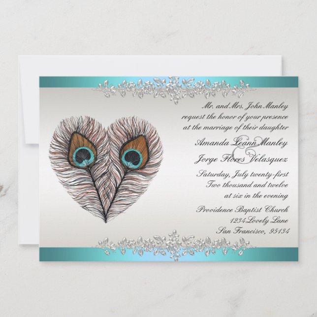 Invitation de mariage Paon Sarcelle (Devant)