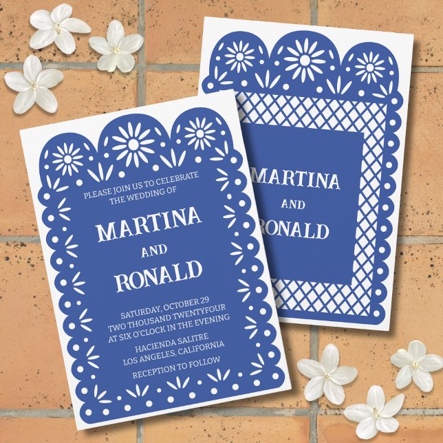 Invitation de mariage papel picado mexicaine bleue (Créateur téléchargé)