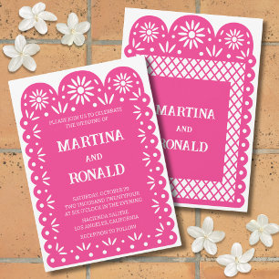 Invitation de mariage papel picado mexicaine rose