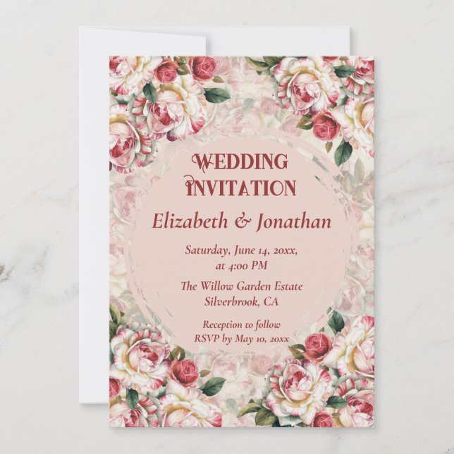 Invitation de mariage personnalisée aux roses roug (Devant)