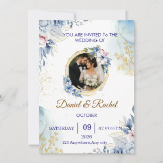 Invitation de mariage photo florale bleue élégante