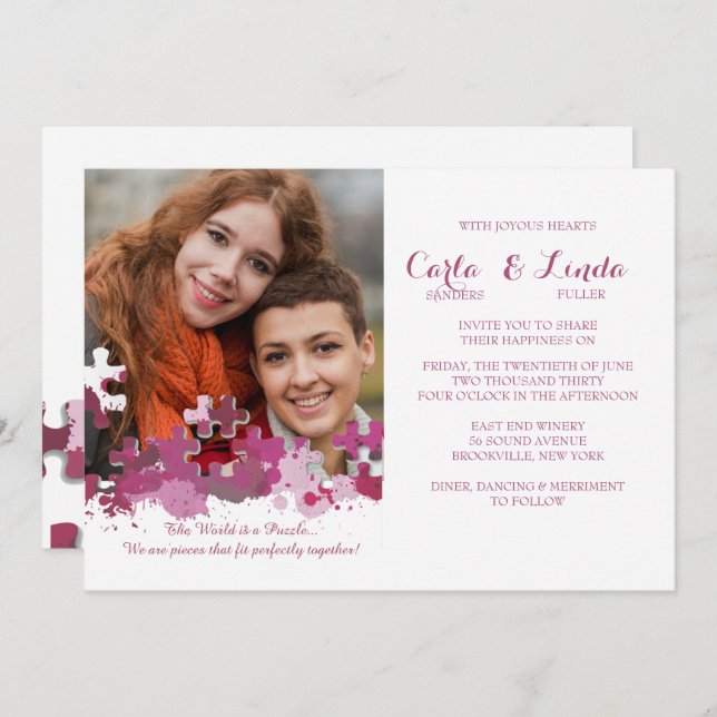 Invitation de mariage photo pièces de puzzle rose (Devant / Derrière)