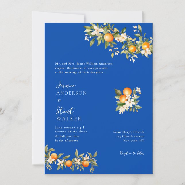 Invitation de mariage QR Code citrus et bleu (Devant)