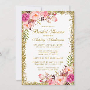 Invitation de mariage rose florale avec paillettes
