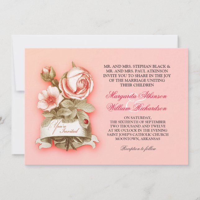invitation de mariage rose vintage (Devant)
