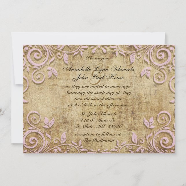 Invitation de mariage rose Vintage (Devant)