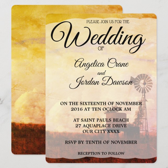 Invitation de mariage rustique moulin à vent de ca (Devant / Derrière)