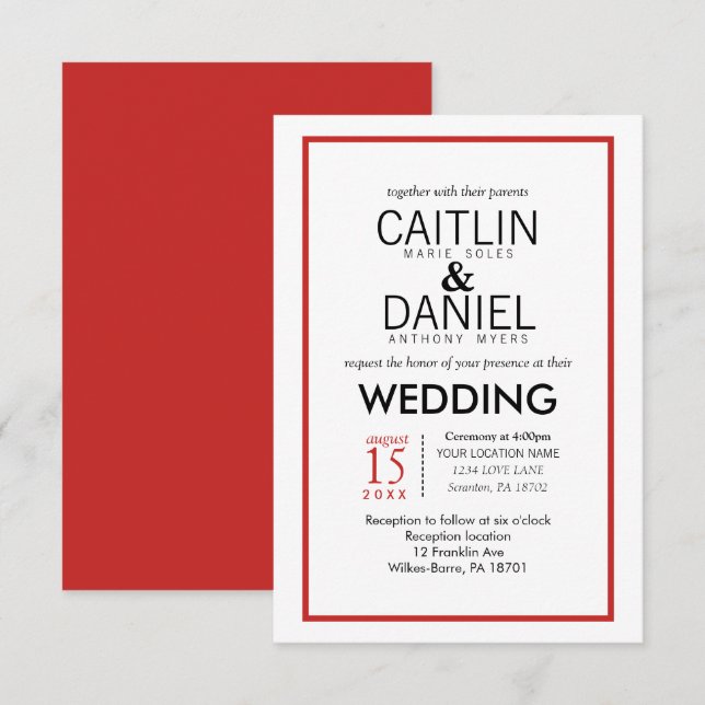 Invitation de mariage simple à la frontière rouge  (Devant / Derrière)