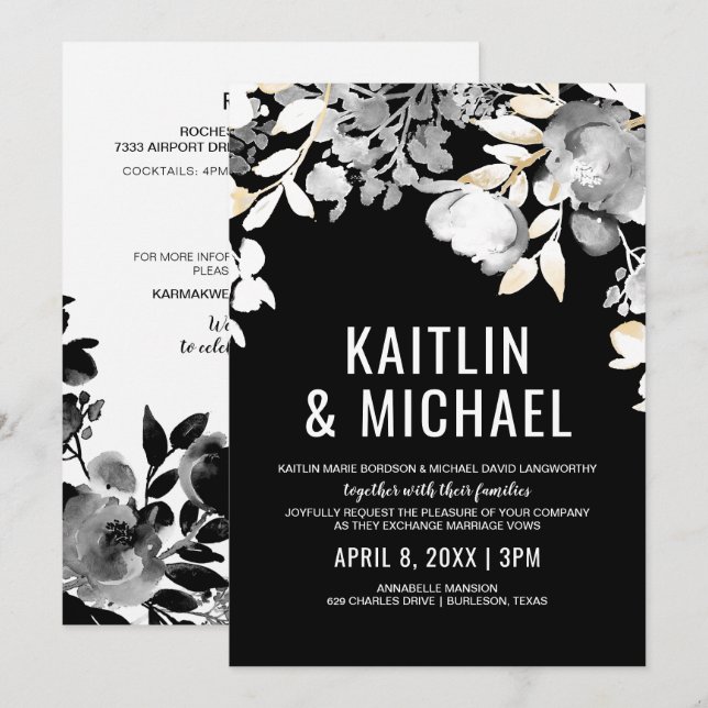 Invitation de mariage soir floral (Noir & Or) (Devant / Derrière)