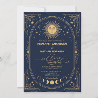 Invitation de mariage Soleil Lune Céleste Or Marin
