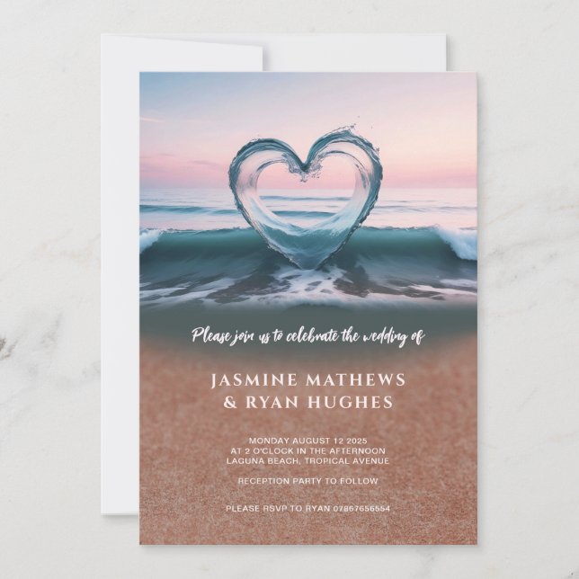 Invitation de mariage sur la plage, coeur d'amour (Devant)