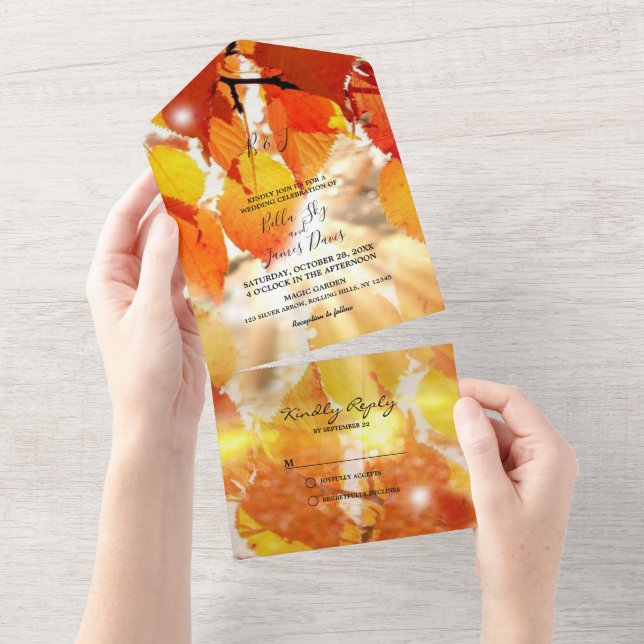 Invitation de mariage tout-en-un avec feuilles d'a (Déchirure)