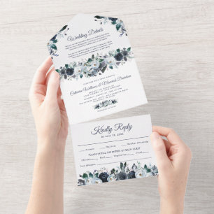 Invitation de mariage tout en un fleurs bleu pouss