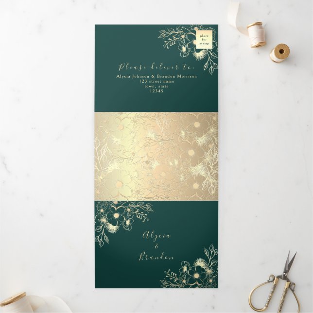 Invitation de mariage triple pli 3 en 1 vert émera (Extérieur)