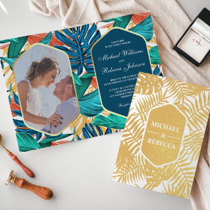Invitation de mariage tropical bleu océan avec feu