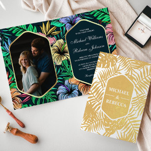 Invitation de mariage tropical en or bleu de minui
