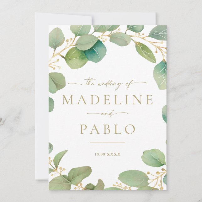 Invitation de mariage vert, invitation verte et or (Devant)