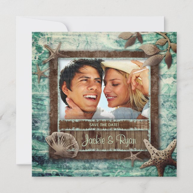 Invitation de mariage verte plage coquillages (Devant)