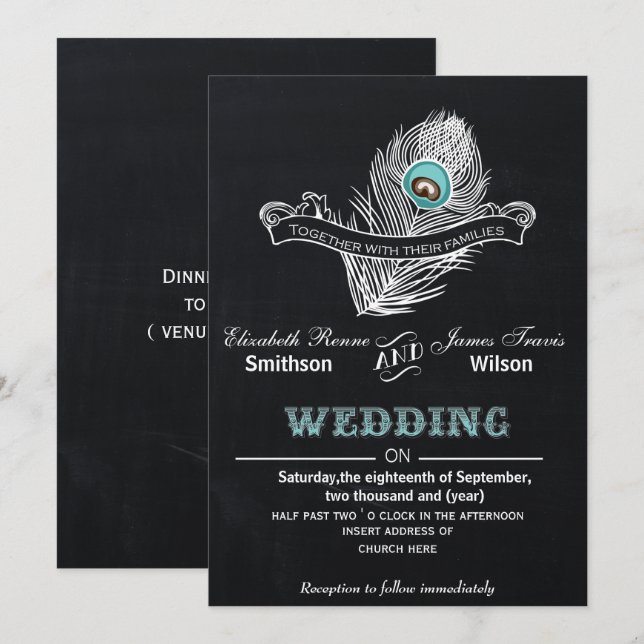 Invitation de mariage vintage Chalkboard paon (Devant / Derrière)