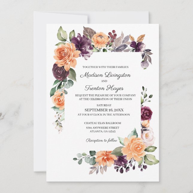 Invitation de Mariages de automne floraux de la pê (Devant)