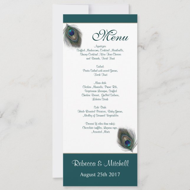 Invitation de menu de plumes de paon bleu-vert (Devant)