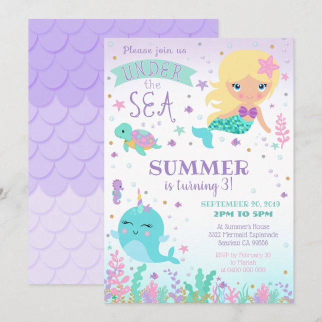 Invitation de Mermaid Narwhal - sous la mer (Devant / Derrière)