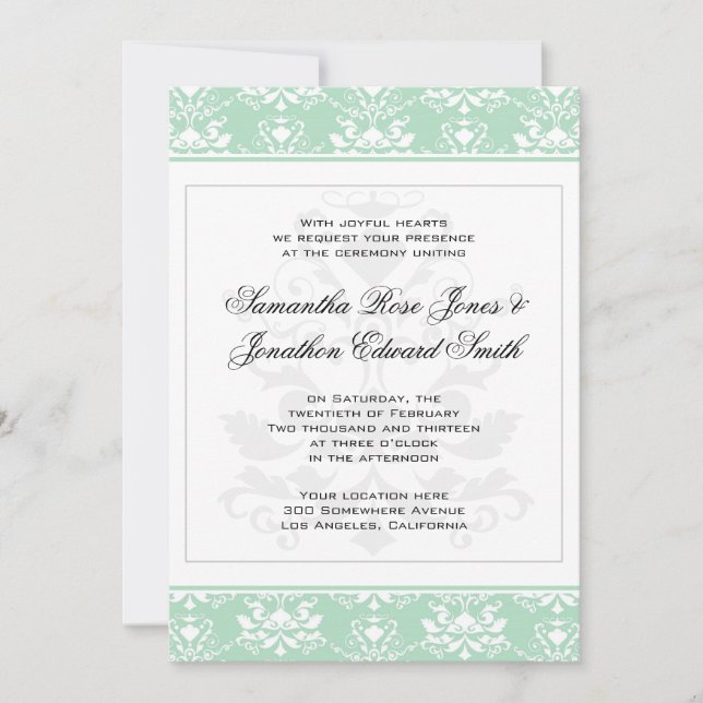 Invitation de Mint et de White Mariage damassé (Devant)