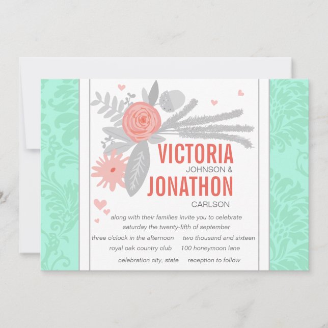 Invitation de Mint Mariage damassé moderne (Devant)