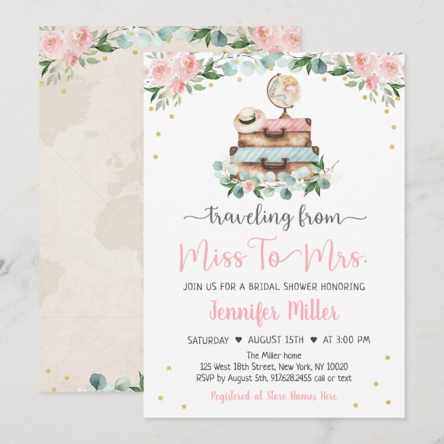 Invitation De Miss À Mme Pink Floral Fête des mariées Voyage (Devant / Derrière)
