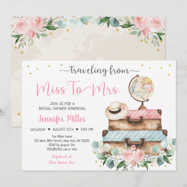Invitation De Miss À Mme Pink Floral Fête des mariées Voyage (Devant / Derrière)