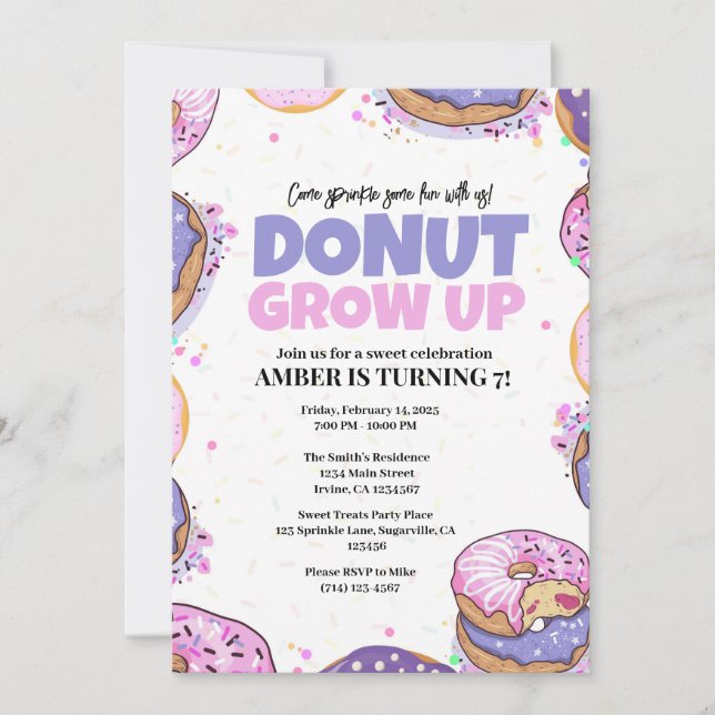 Invitation de modèle d'anniversaire Donut Grow Up  (Devant)