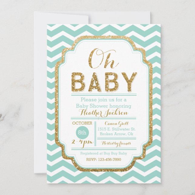 Invitation De Monnaie Et Baby shower D'Or Chevron (Devant)