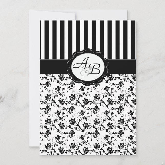 Invitation de monogramme à rayures florales noir e (Devant)