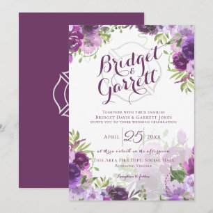 Invitation de monogramme de pompier à fleurs viole
