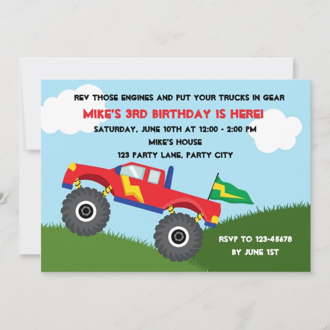 Invitation de monster Truck - Boys Anniversaire (Devant)