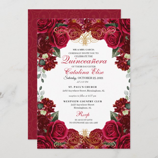 Invitation de naissance pour Quinceanera florale r (Devant / Derrière)