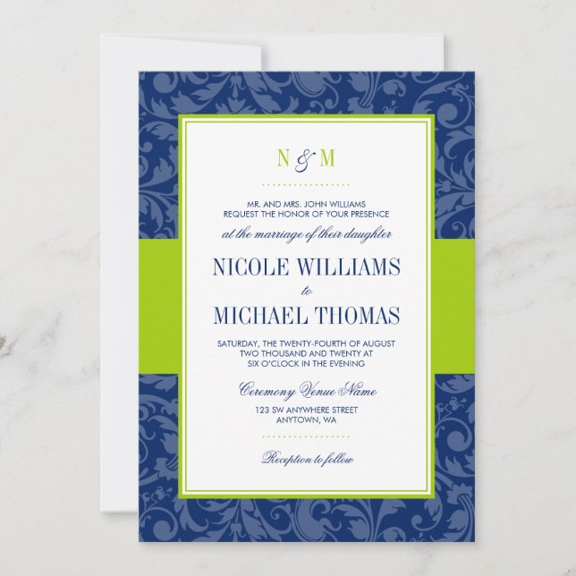 Invitation de Navy Blue et Lime Green Mariage dama (Devant)