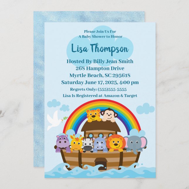 Invitation de Noah's Ark Baby shower (Devant / Derrière)
