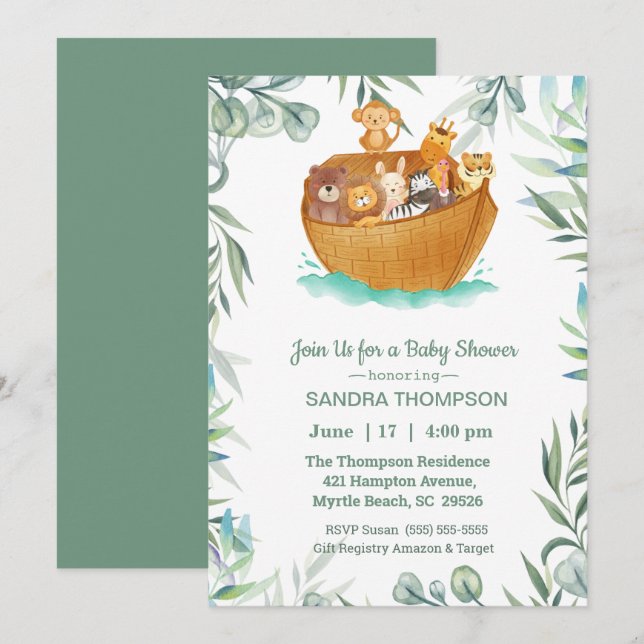 Invitation de Noah's Ark Baby shower (Devant / Derrière)