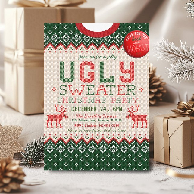Invitation de Noël à la fête de Noël (Cute argyle knitted ugly sweater Christmas Party Invitation, green red white tan, prize button  )