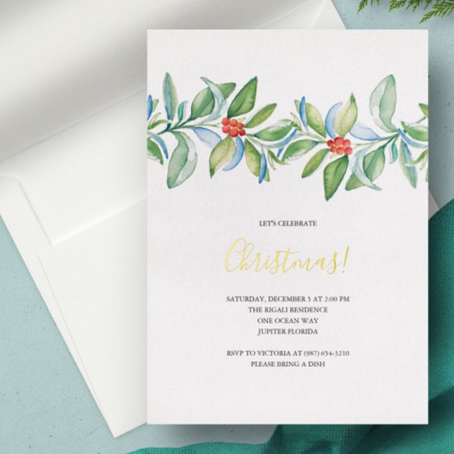 Invitation de Noël Aquarelle botanique (Christmas Invitation watercolor botanical red and green holly berries. )