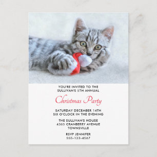 Invitation de Noël avec un chat mignon mordant un 