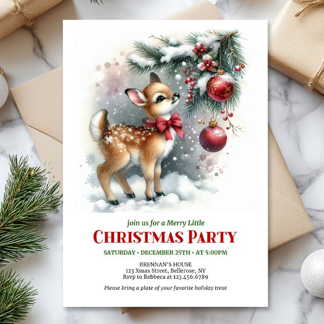 Invitation de Noël bébé cerf forêt enneigée confor (Minimalist baby deer snowy forest watercolor scene Christmas invitation

)