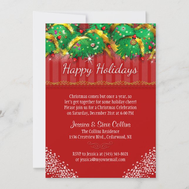 Invitation de Noël - Décorations rouges et festive (Devant)