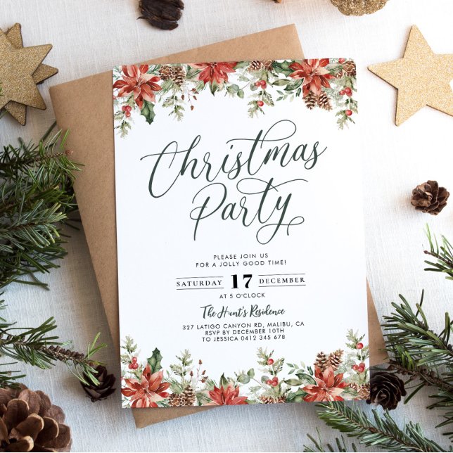 Invitation de Noël Floral Rouge moderne (Green and Red Christmas Party Invitation)