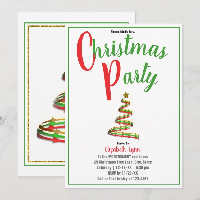 Invitation de Noël Gold, Red et Green (Devant / Derrière)
