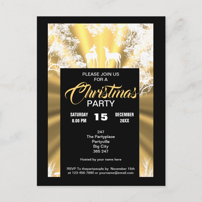 Invitation de Noël rustique noir et or (Devant)